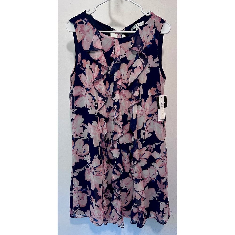 Robbie Bee Navy Blush Floral Ruffle Front Shift Dress RB68278JP Size 10 NEW